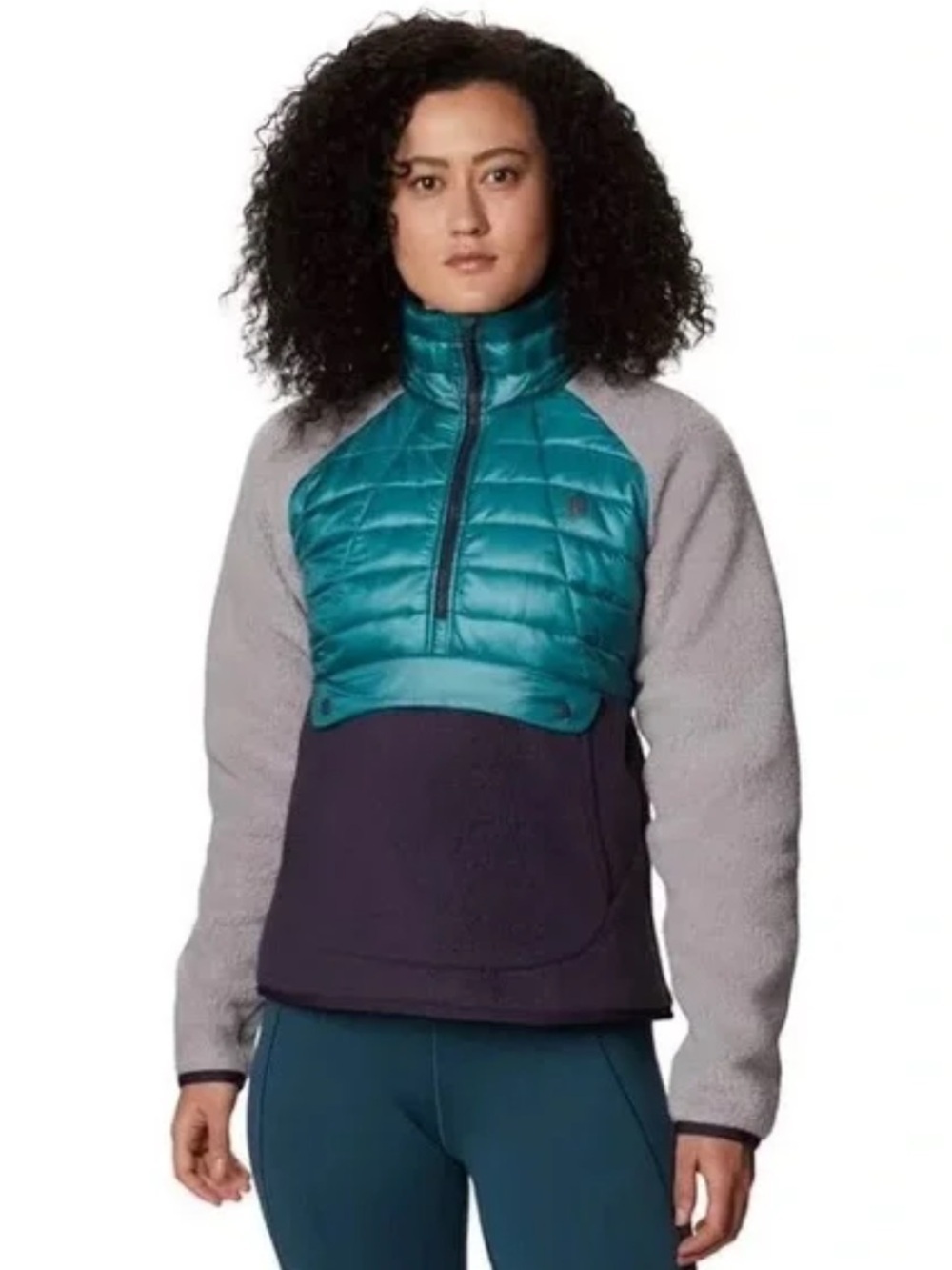 Mountain Hardwear Teal Quilted Pullover with Gray Fleece Sleeves